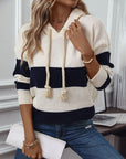 Drawstring Contrast Stripe Dropped Shoulder Hooded Sweater