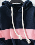 Drawstring Contrast Stripe Dropped Shoulder Hooded Sweater