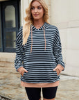 Drawstring Contrast Striped Long Sleeve Hoodie