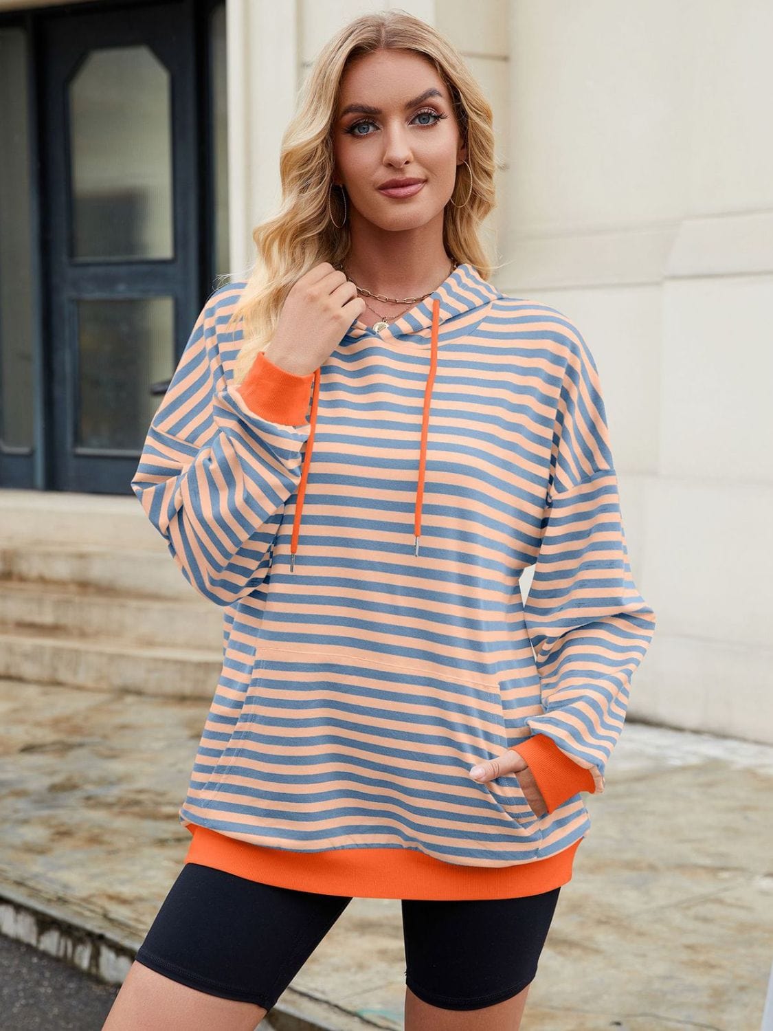 Drawstring Contrast Striped Long Sleeve Hoodie