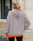 Drawstring Contrast Striped Long Sleeve Hoodie