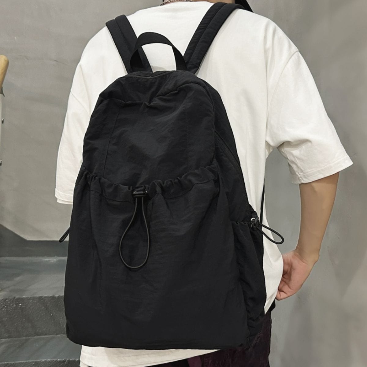 Slate Gray Drawstring Nylon Backpack Bag