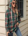 Drawstring Plaid Hooded Long Sleeve Top