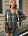 Drawstring Plaid Hooded Long Sleeve Top