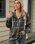 Drawstring Plaid Hooded Long Sleeve Top