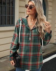 Drawstring Plaid Hooded Long Sleeve Top