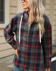 Drawstring Plaid Hooded Long Sleeve Top