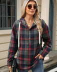 Drawstring Plaid Hooded Long Sleeve Top