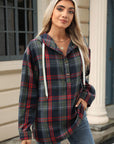 Drawstring Plaid Hooded Long Sleeve Top