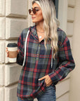 Drawstring Plaid Hooded Long Sleeve Top