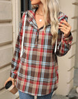 Drawstring Plaid Hooded Long Sleeve Top