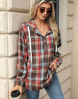 Drawstring Plaid Hooded Long Sleeve Top