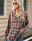 Drawstring Plaid Hooded Long Sleeve Top