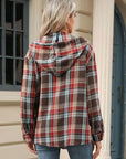 Drawstring Plaid Hooded Long Sleeve Top