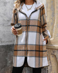 Drawstring Plaid Zip Up Long Sleeve Hooded Outerwear