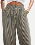 Gray Drawstring Striped Elastic Waist Pants