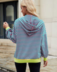 Drawstring Striped Zip Up Long Sleeve Hoodie