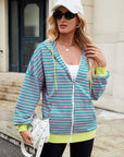 Drawstring Striped Zip Up Long Sleeve Hoodie