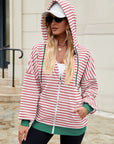 Drawstring Striped Zip Up Long Sleeve Hoodie