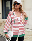 Drawstring Striped Zip Up Long Sleeve Hoodie