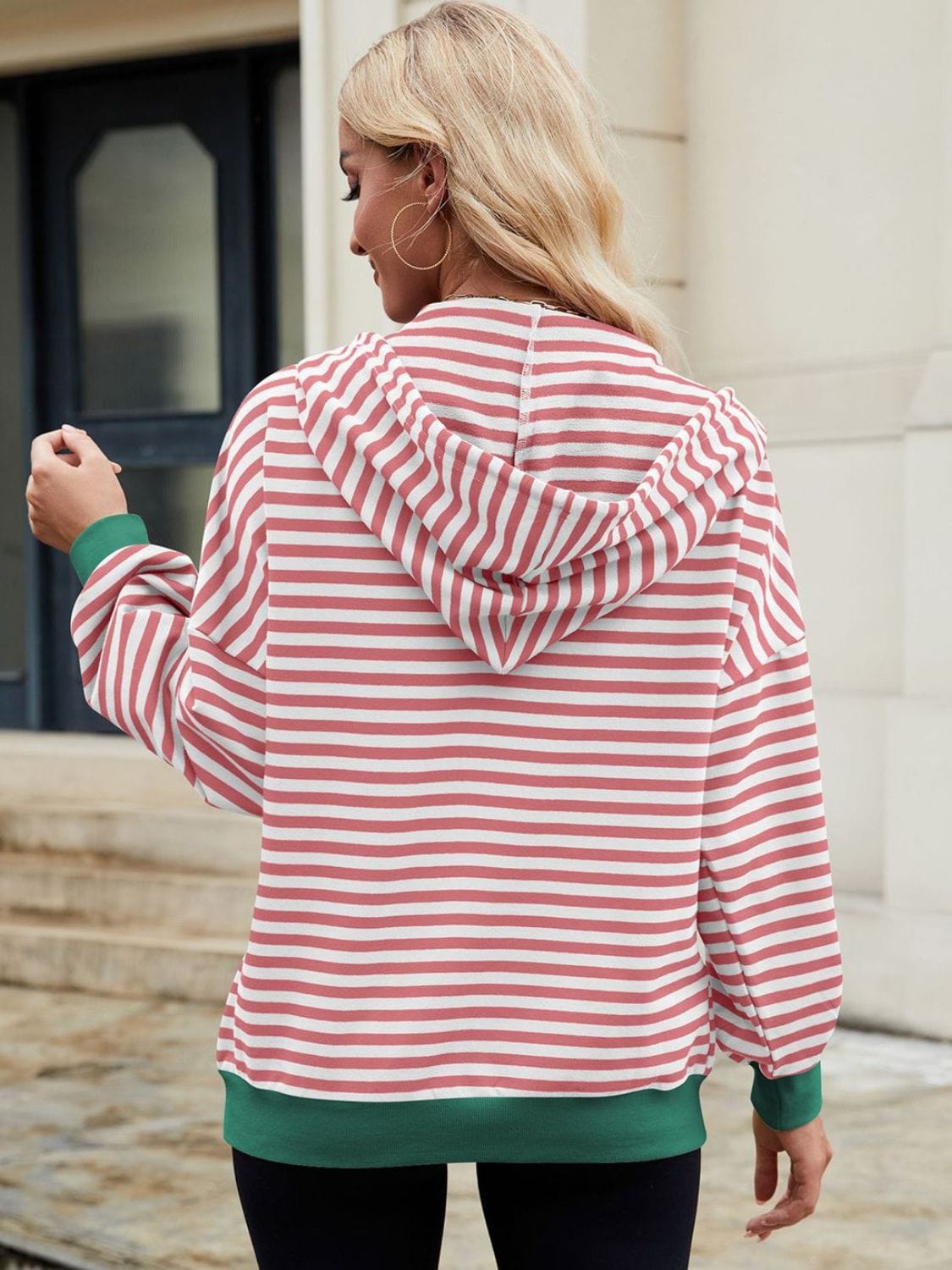 Drawstring Striped Zip Up Long Sleeve Hoodie