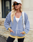 Drawstring Striped Zip Up Long Sleeve Hoodie