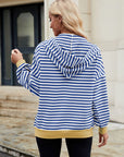 Drawstring Striped Zip Up Long Sleeve Hoodie