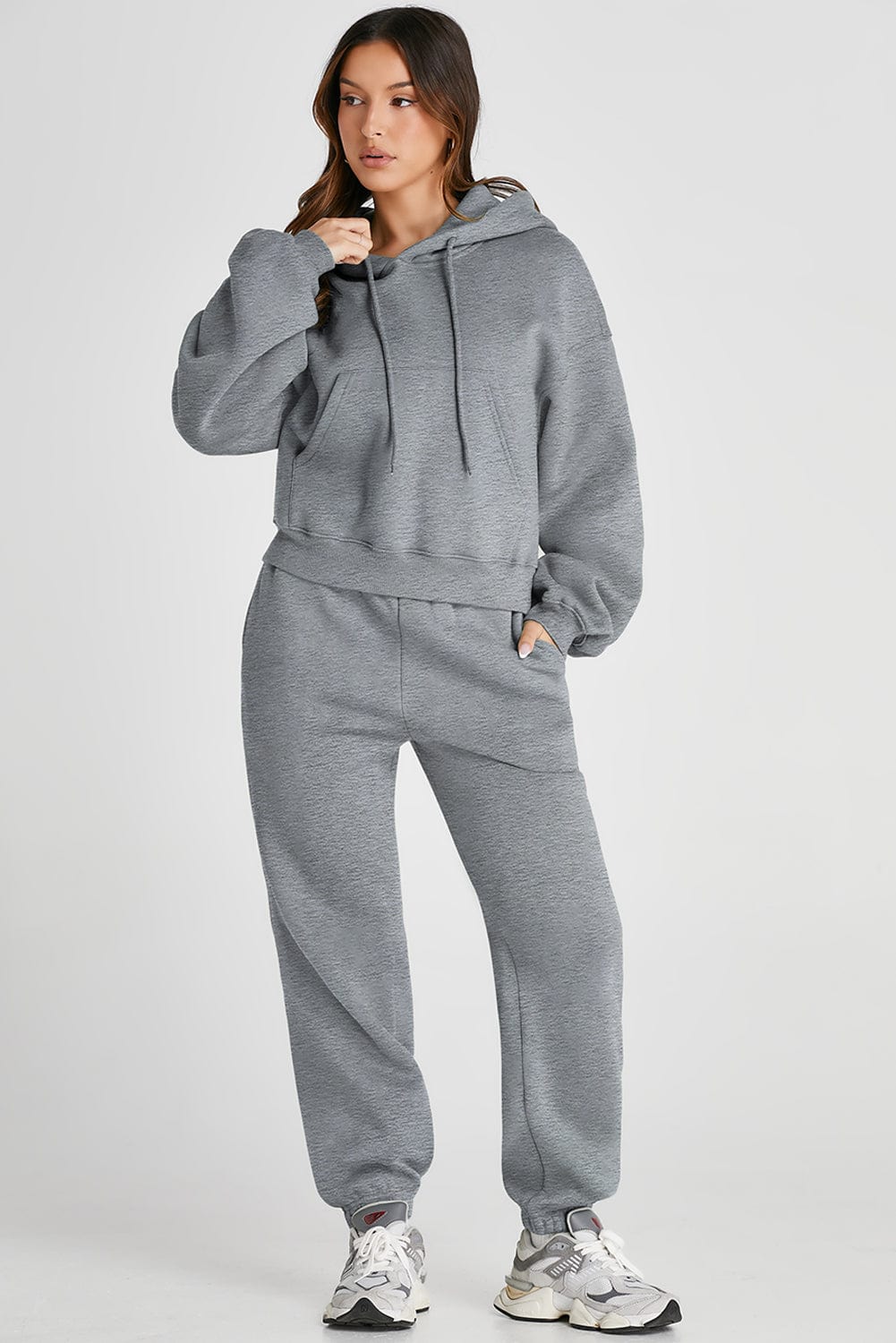 Light Gray Dropped Shoulder Hooded Top and Pants Active Set