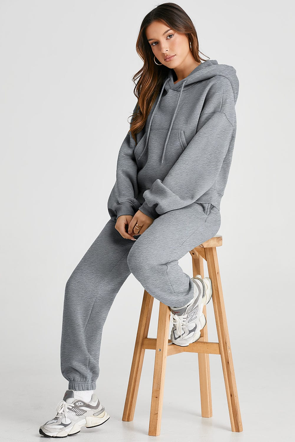 Light Gray Dropped Shoulder Hooded Top and Pants Active Set