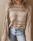 Rosy Brown Cable-Knit Openwork Long Sleeve Sweater