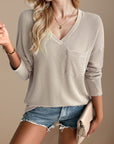 Double Take Pocketed Textured V-Neck Long Sleeve T-Shirt