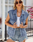 Pocketed Button Up Sleeveless Denim Jacket