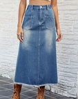 Raw Hem Buttoned Denim Skirt with Pockets