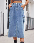 Slit Buttoned Denim Skirt with Pockets