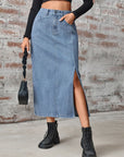 Slit High Waist Denim Skirt with Pockets