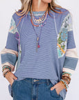 Striped Floral Patchwork Round Neck Top