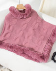 Fuzzy Hem Cable-Knit Poncho