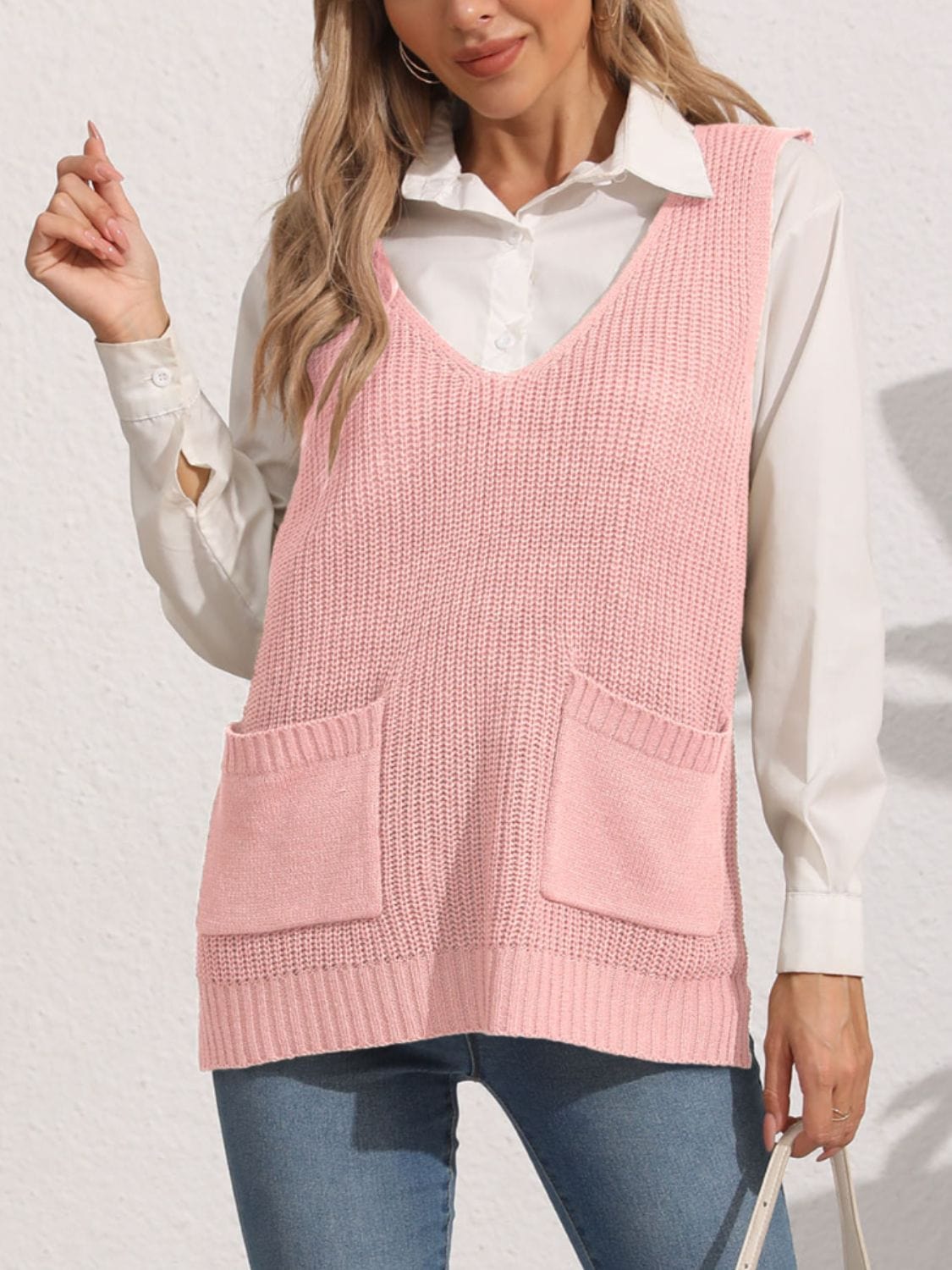 Light Gray Pocketed V-Neck Sweater Vest