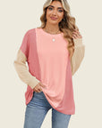 Double Take Texture Contrast Round Neck Long Sleeve T-Shirt