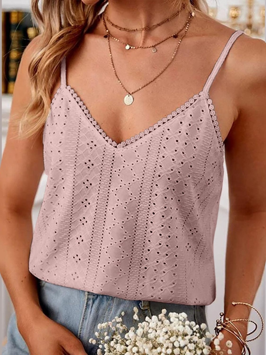 Rosy Brown Eyelet Lace Detail V-Neck Cami