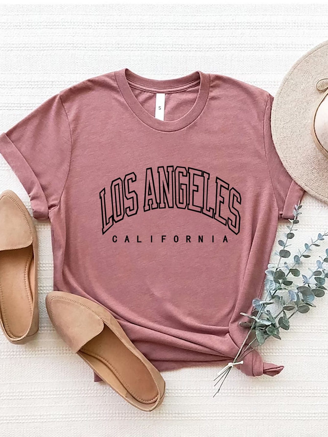 Rosy Brown LOS ANGELES CALIFORNIA Round Neck T-Shirt