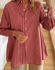 Perfee Ruched Collared Neck Long Sleeve Shirt