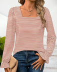 Striped Square Neck Flounce Sleeve Top