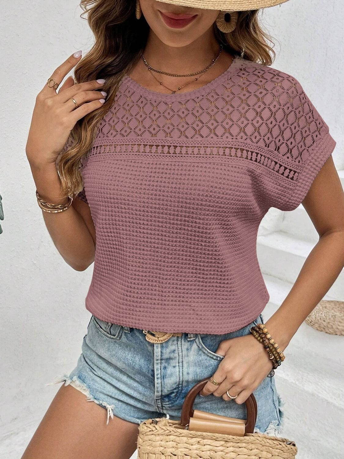 Rosy Brown Waffle-Knit Round Neck Short Sleeve Top