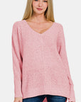 Zenana High-Low Center Seam V-Neck Sweater