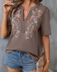 Dim Gray Embroidered Notched Short Sleeve T-Shirt