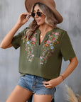 Light Slate Gray Embroidered Notched Short Sleeve T-Shirt