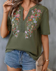 Dim Gray Embroidered Notched Short Sleeve T-Shirt