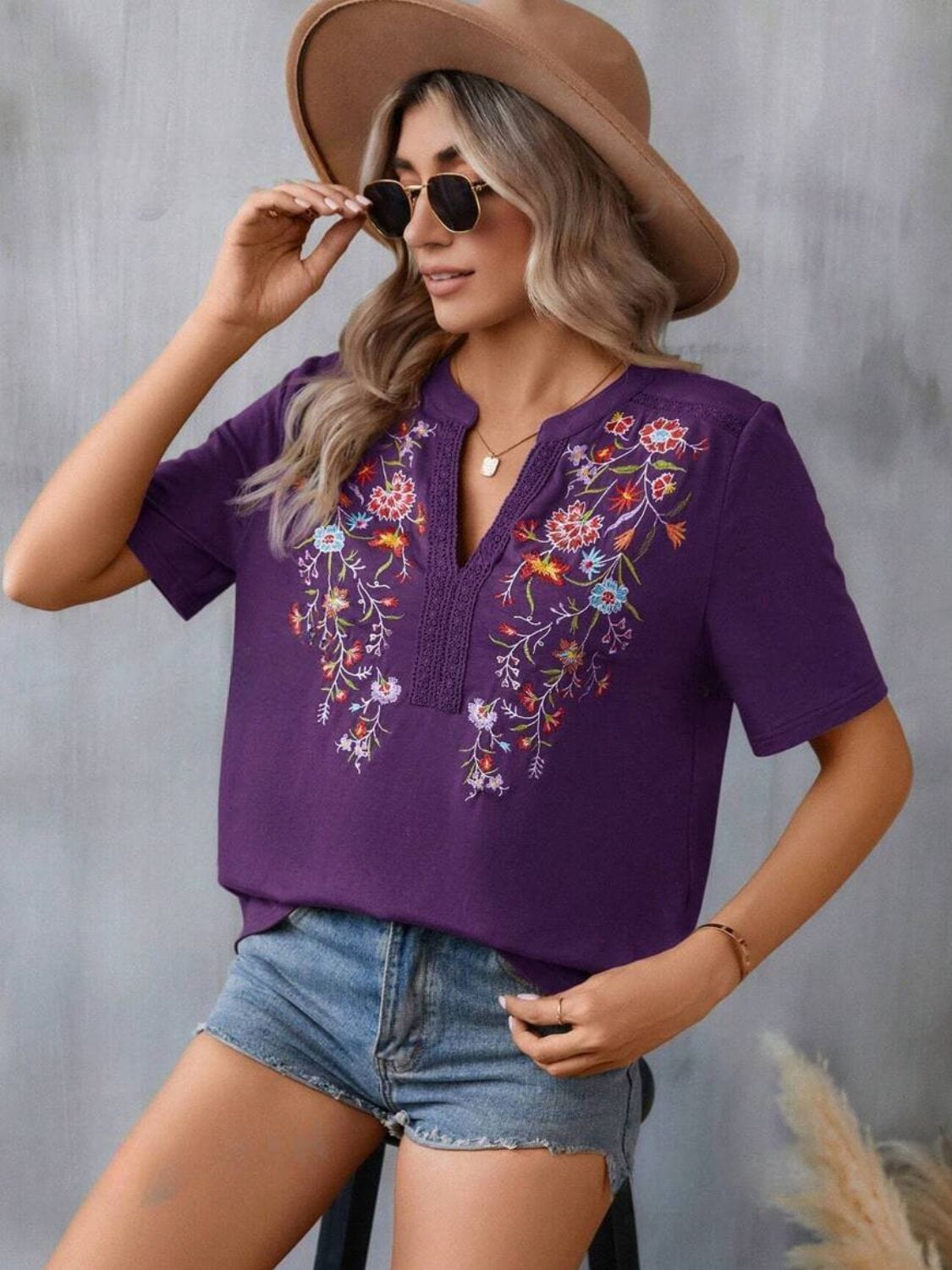 Rosy Brown Embroidered Notched Short Sleeve T-Shirt