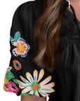 Black Embroidered Tie Neck Half Sleeve Blouse